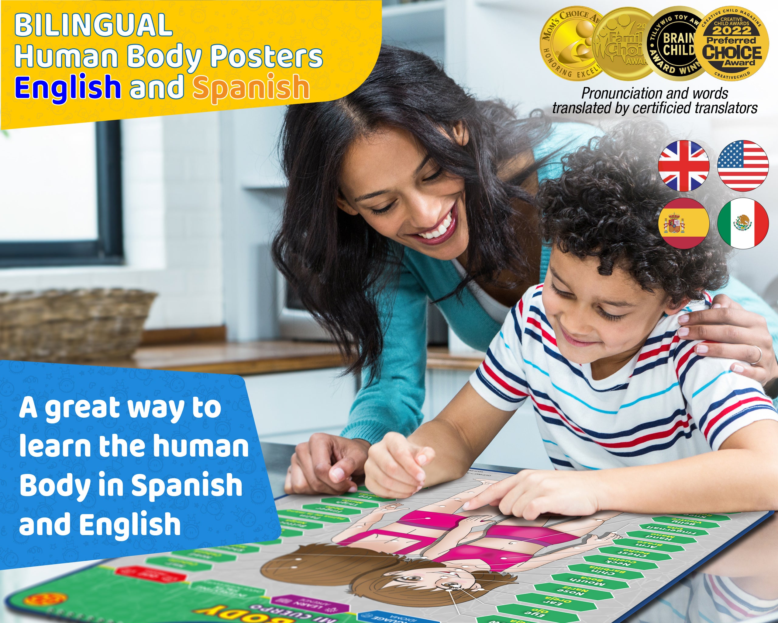 Human Body Poster for Kids: Organs, Muscles & Bones - Spanish and English - Gufino Bilingual Learning