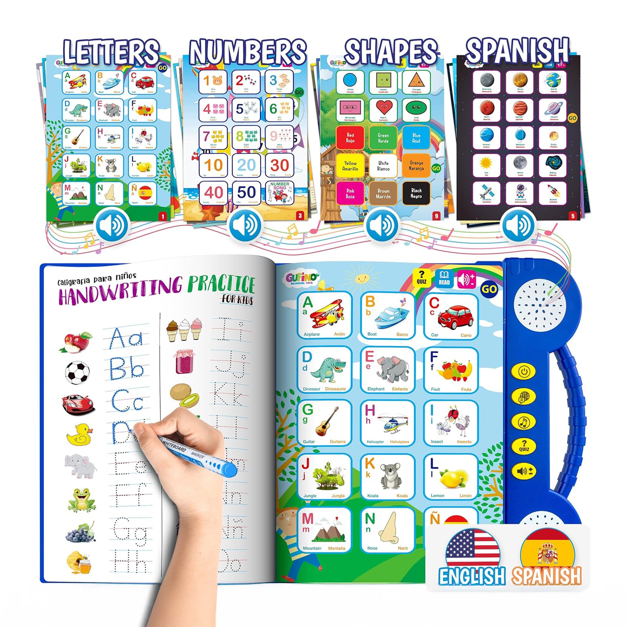 Bilingual Spanish English learning toy for kids with interactive audio book.