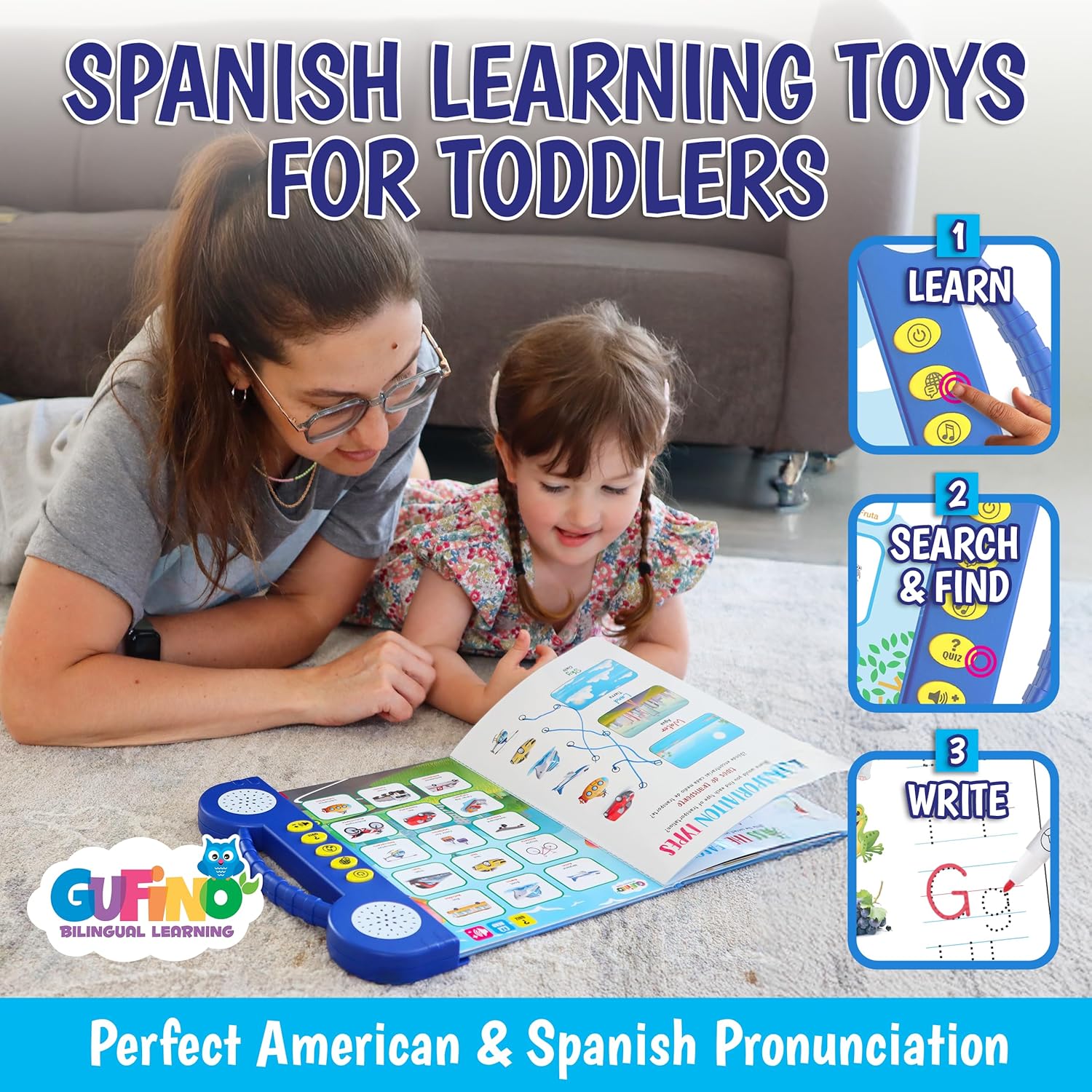 Mother and daughter using bilingual educational toy to learn Spanish.