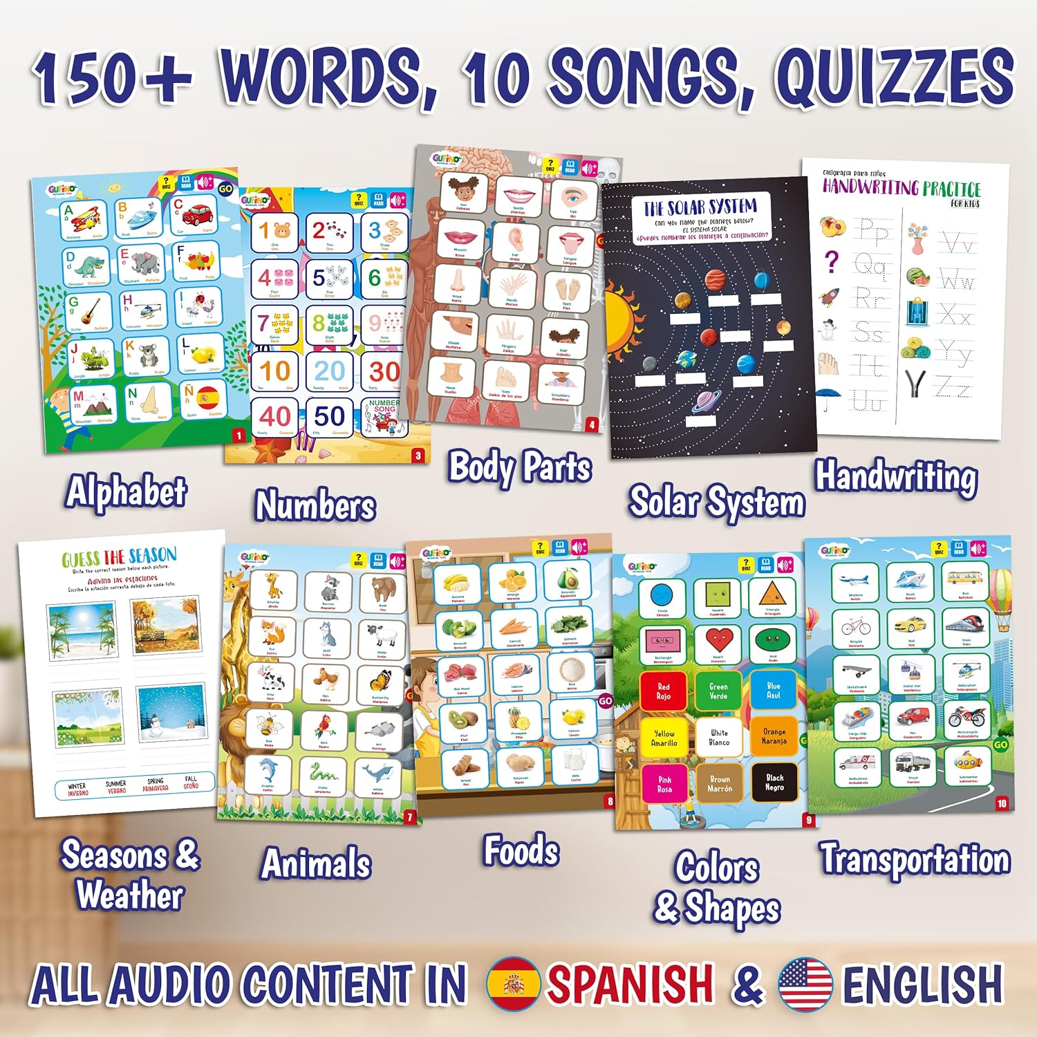 Interactive kids book with 150 words, songs, and bilingual quizzes.