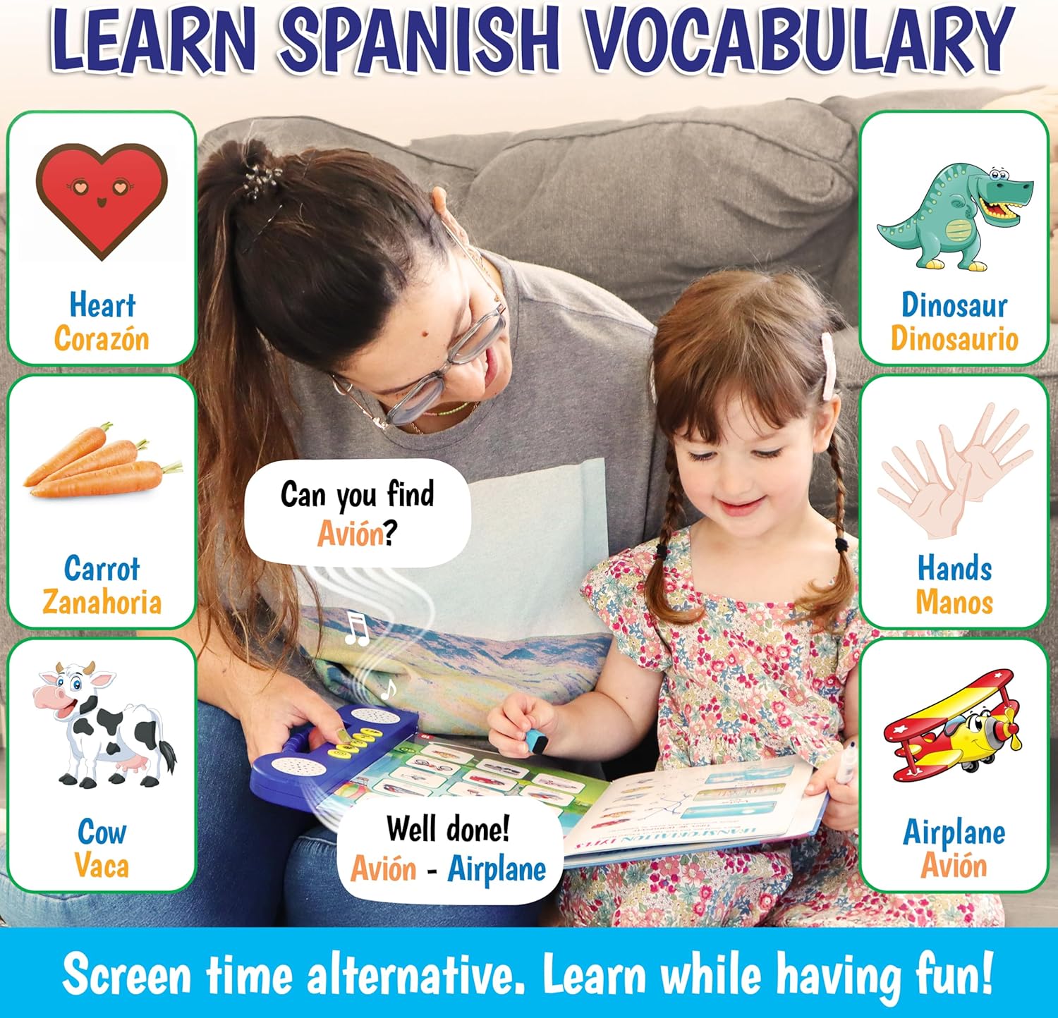 Child learning Spanish vocabulary with interactive educational toy.