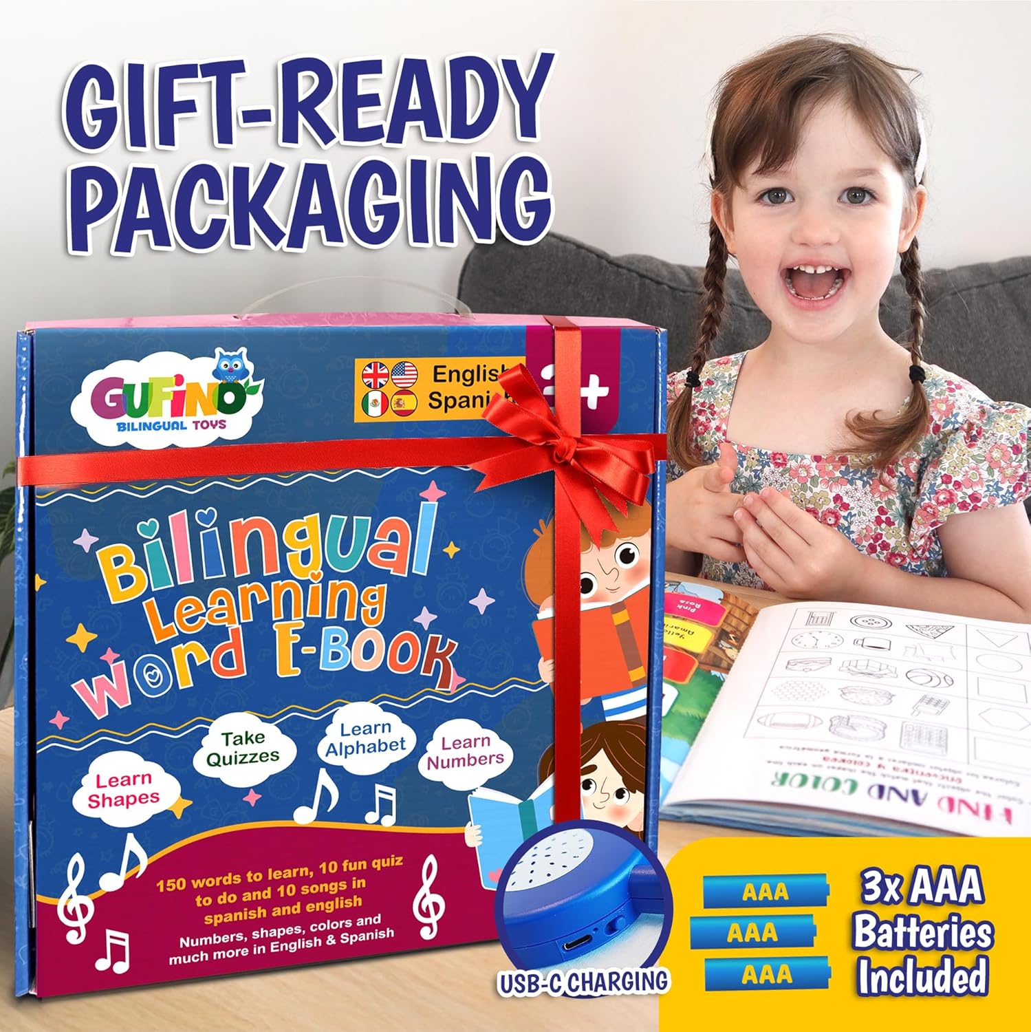 Kids bilingual learning toy in gift-ready box with batteries included.