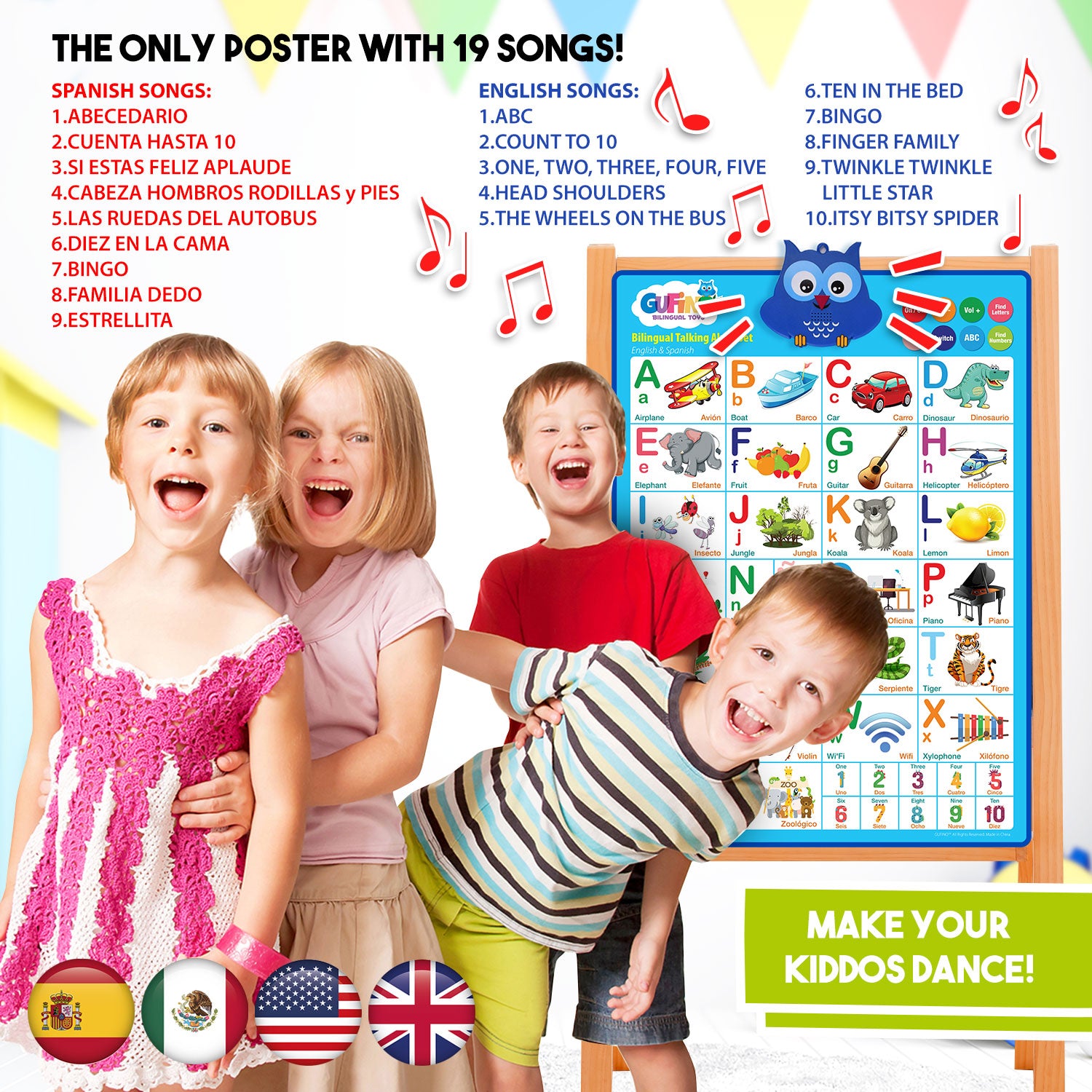 As one of the best educational toys, this ABC poster invites children to sing along and dance to popular kids' songs such as the ABC song, Bingo, The Finger Family song, Head Shoulders Knees and Toes, Itsy Bitsy Spider, and Wheels On The Bus. It's not just a toy but a gateway to learning through music and movement.