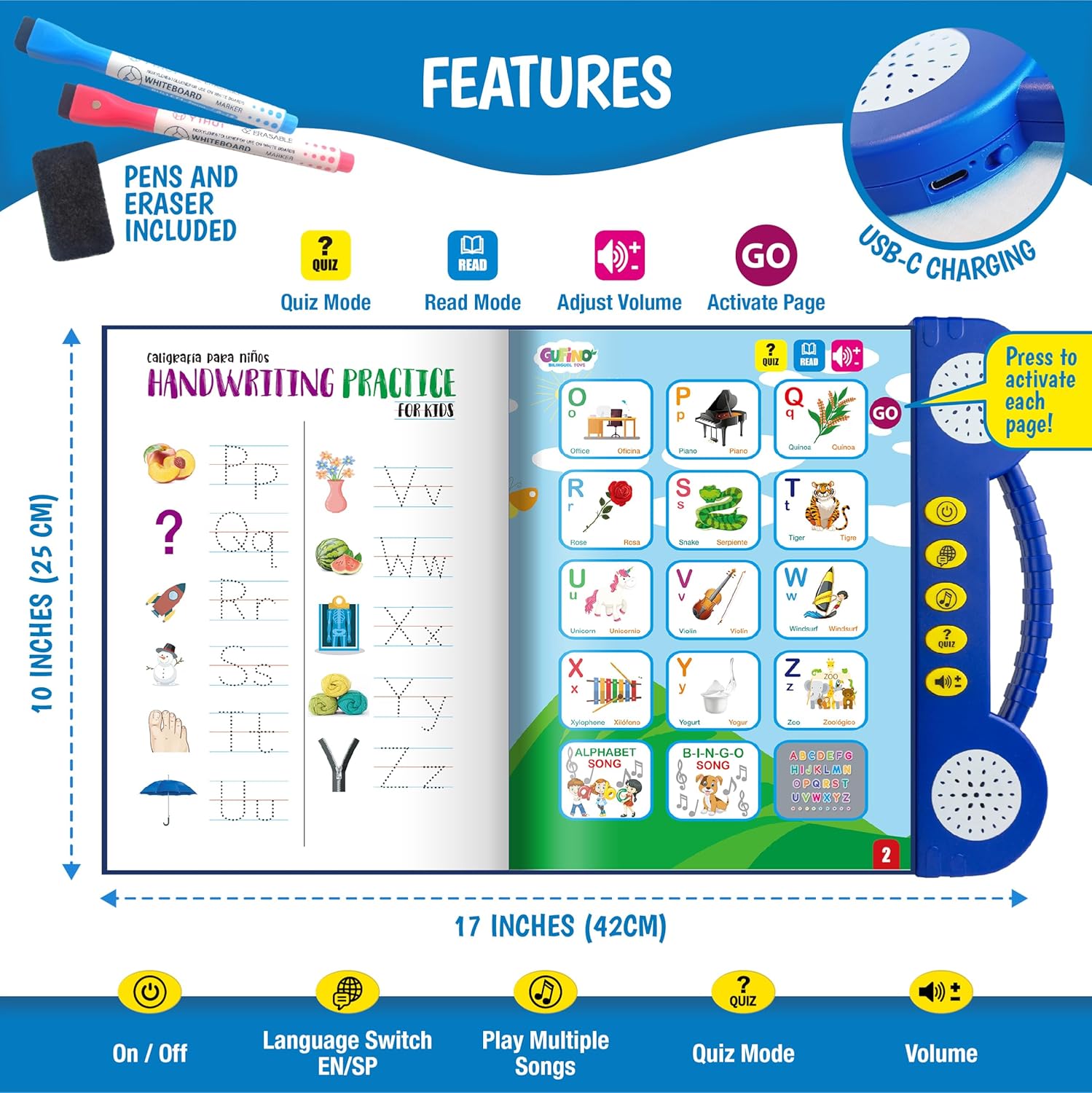 Bilingual learning set with book, erasable marker, and rechargeable audio device.