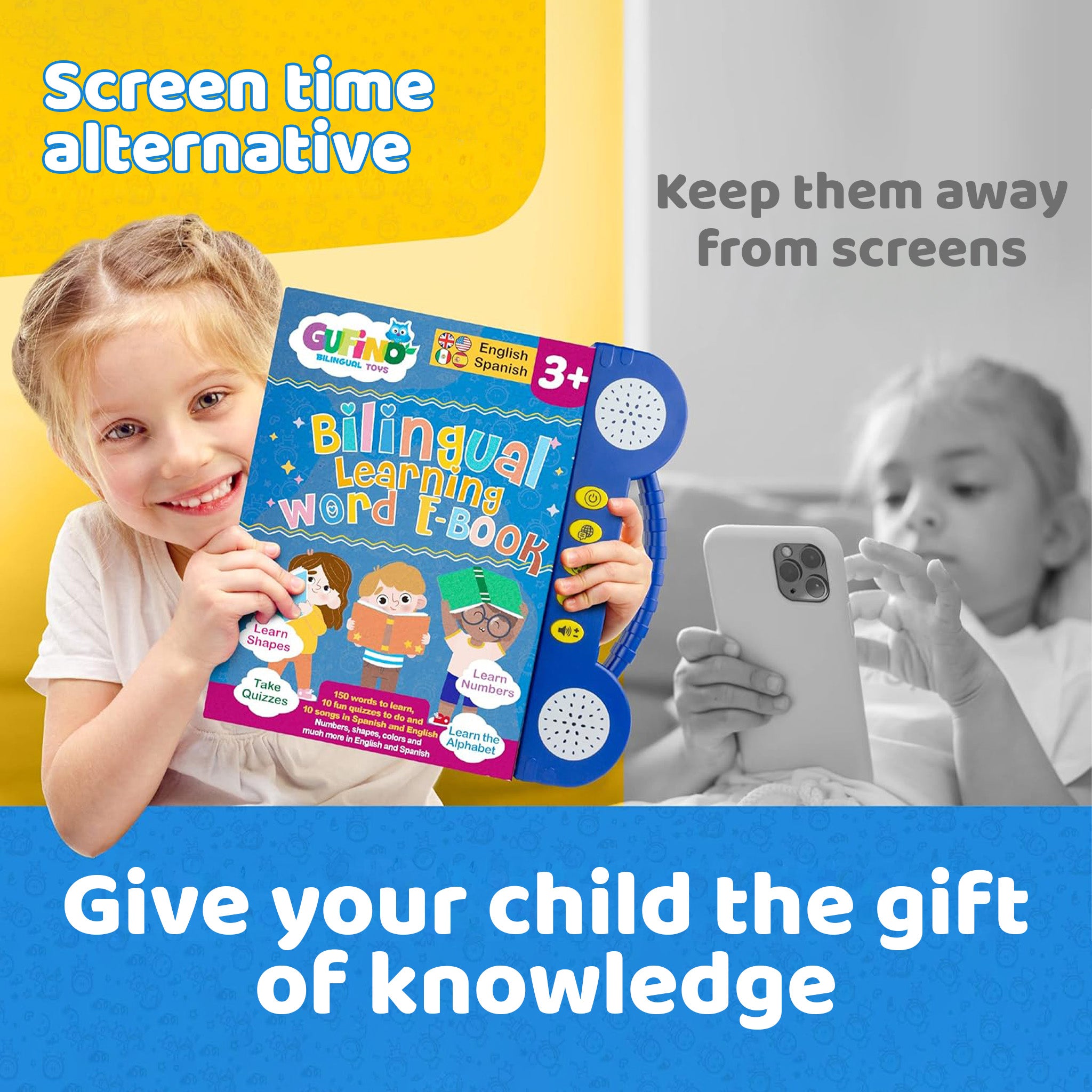 Child holding bilingual book as a screen-free educational alternative.
