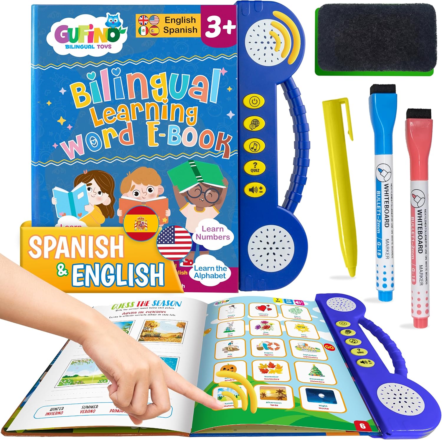 Interactive bilingual Spanish English learning book with kids accessories.